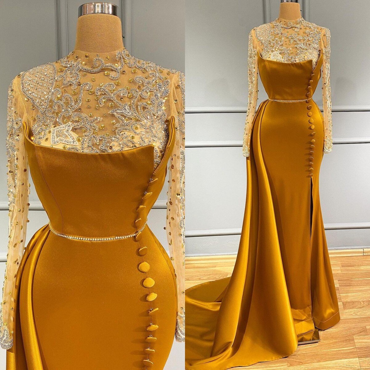 2021 골드 이브닝 드레스 사이드 스플릿 라인석 비즈 인어 무도회 드레스, 맞춤 제작 포멀 Vestidos De Fiesta